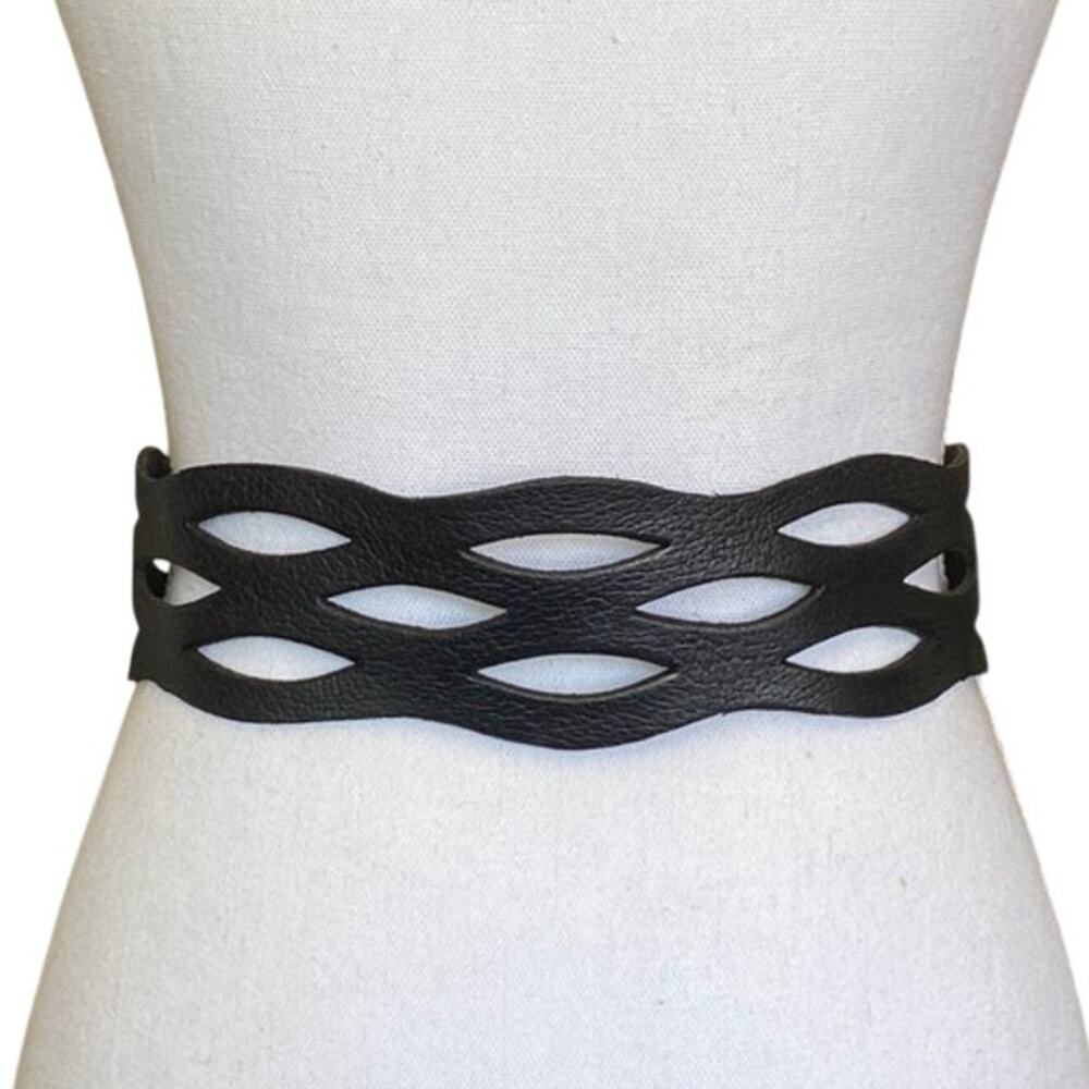 Vintage Moroccan Genuine Wide Leather Belt Black Motif 56 Made in Morocco Small